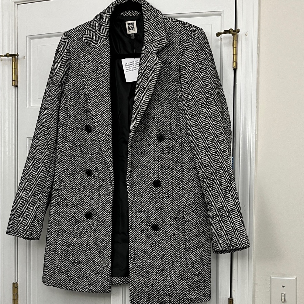 Anne Klein Black and White Herringbone Pea Coat
